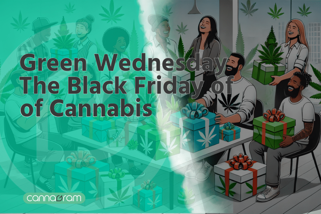 Festive graphic highlighting Green Wednesday as the Black Friday of cannabis, featuring a diverse group of people exchanging cannabis-themed gifts in a modern setting with colorful presents and joyful smiles.