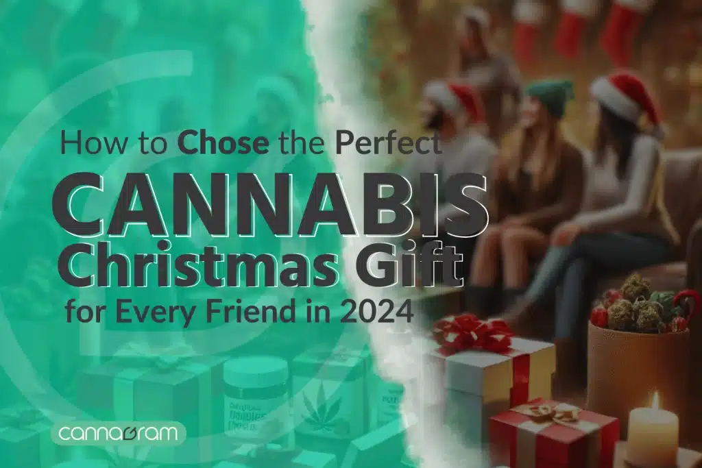 Festive banner reading 'How to Choose the Perfect Cannabis Christmas Gift for Every Friend in 2024,' with a blurred holiday background showing friends exchanging gifts.