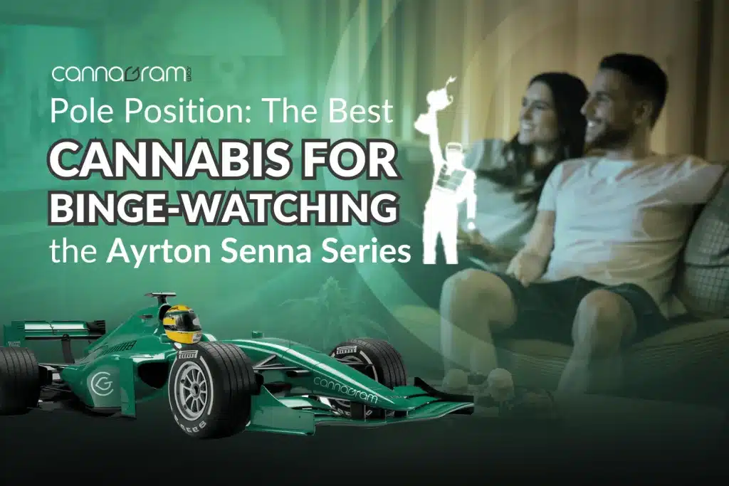 A couple watching the Ayrton Senna series on Netflix with cannabis products displayed on a table.