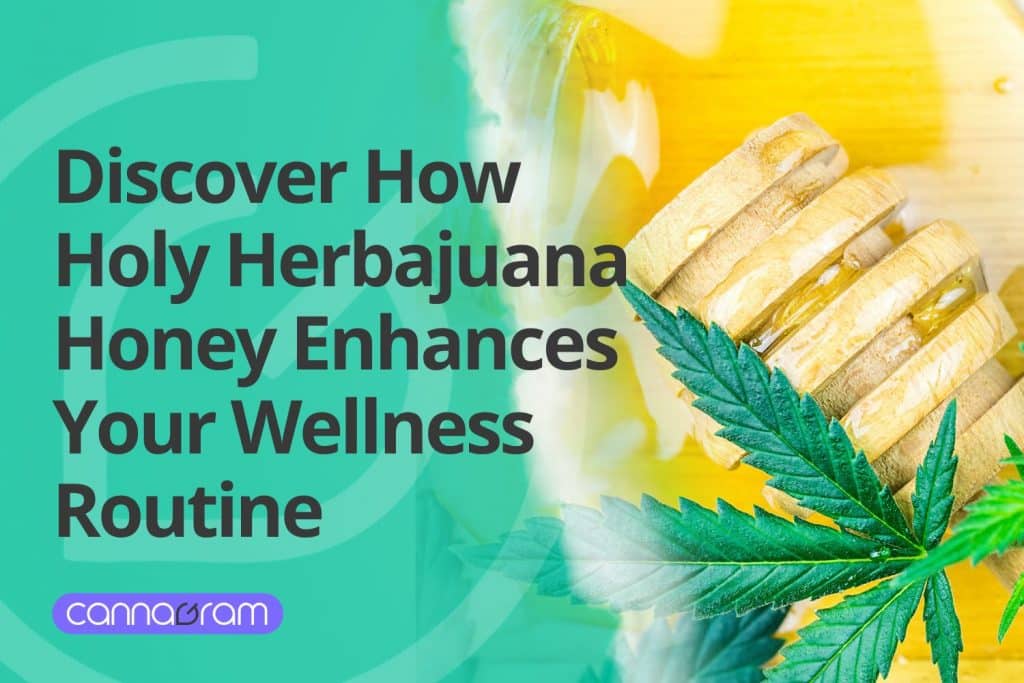 A promotional image featuring a cannabis leaf, honey, and wooden honey dipper with text that reads, "Discover How Holy Herbajuana Honey Enhances Your Wellness Routine." The background blends green and yellow tones, and the Cannagram logo is placed at the bottom left.
