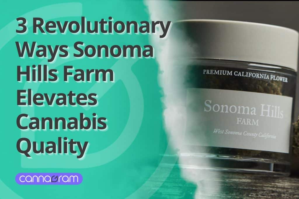Sonoma Hills Farm cannabis jar with a green overlay and text reading '3 Revolutionary Ways Sonoma Hills Farm Elevates Cannabis Quality' alongside the Cannagram logo.