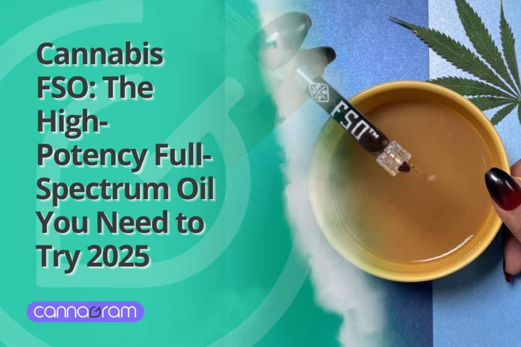 FSO cannabis oil being dispensed into a cup, with a cannabis leaf in the background, highlighting its high-potency full-spectrum benefits.