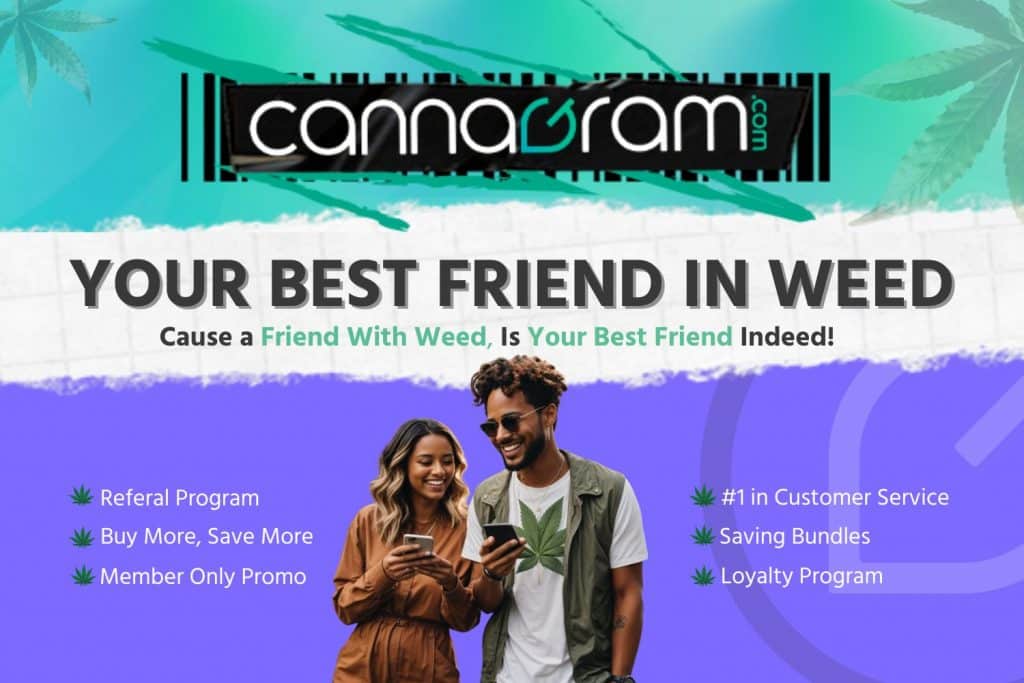 Banner for Cannagram with the slogan 'YOUR BEST FRIEND IN WEED' and the tagline 'Cause a Friend With Weed, Is Your Best Friend Indeed!'. The image features three smiling individuals holding smartphones, with cannabis leaves in the background. The banner highlights benefits such as customer service, loyalty and referral programs, saving bundles, and member-only promotions.