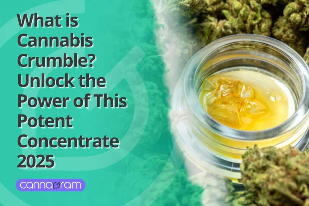 Cannabis Crumble concentrate in a glass jar with cannabis buds in the background, featuring a promotional banner for Cannagram.