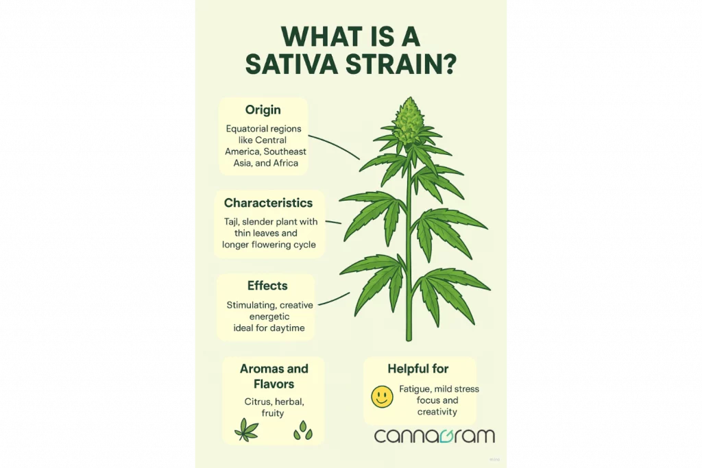 Illustrated infographic of a Sativa cannabis strain showing its tall structure, thin leaves, effects, origin, and benefits.