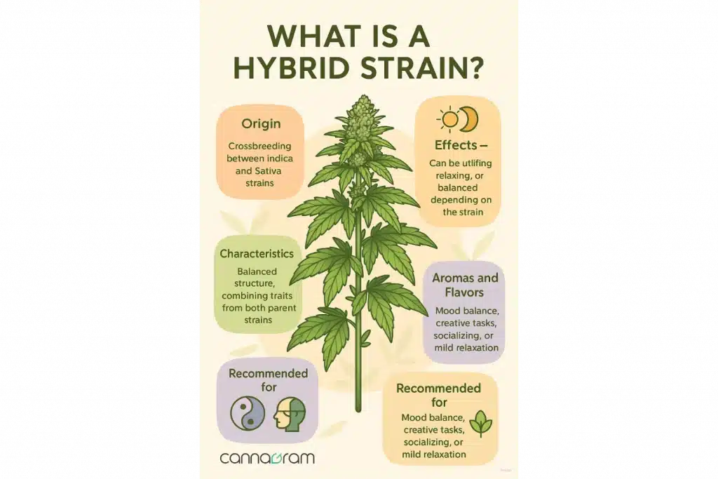  Educational infographic of a Hybrid cannabis strain illustrating its balanced characteristics from Indica and Sativa, effects, and versatile use cases.