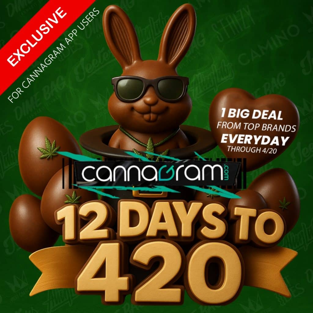 Chocolate bunny wearing sunglasses with cannabis leaves, promoting Cannagram’s 12 Days to 420 Easter deals—exclusive daily offers from top cannabis brands leading up to 4/20.