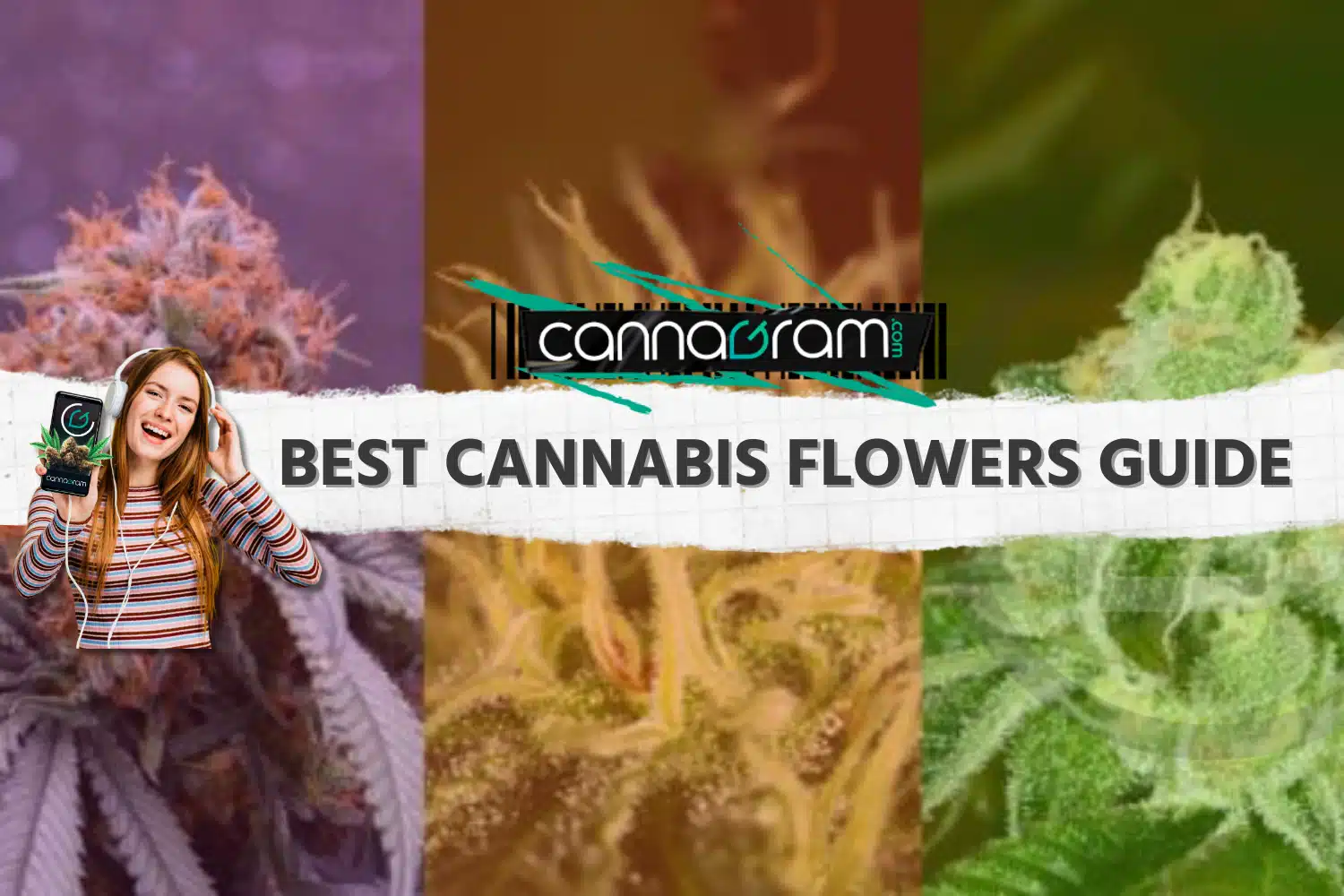 Smiling young woman holding a phone next to colorful Cannabis Flowers with bold text "Best Cannabis Flowers Guide" and the Cannagram logo in the center.