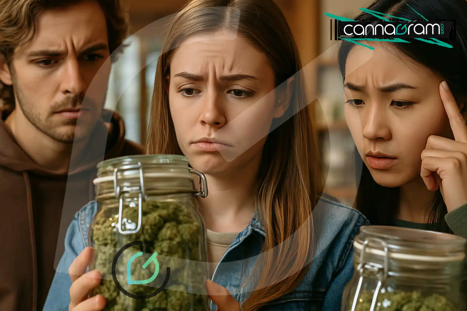Three young adults looking thoughtfully at glass jars filled with cannabis flowers, symbolizing the process of choosing the best cannabis strain.