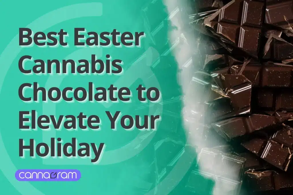 Promotional graphic for cannabis chocolate Easter products with dark chocolate pieces.