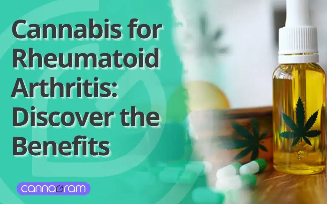 Image showing a cannabis oil bottle and capsules next to the headline “Cannabis for Rheumatoid Arthritis: Discover the Benefits” – promoting natural relief for joint pain.