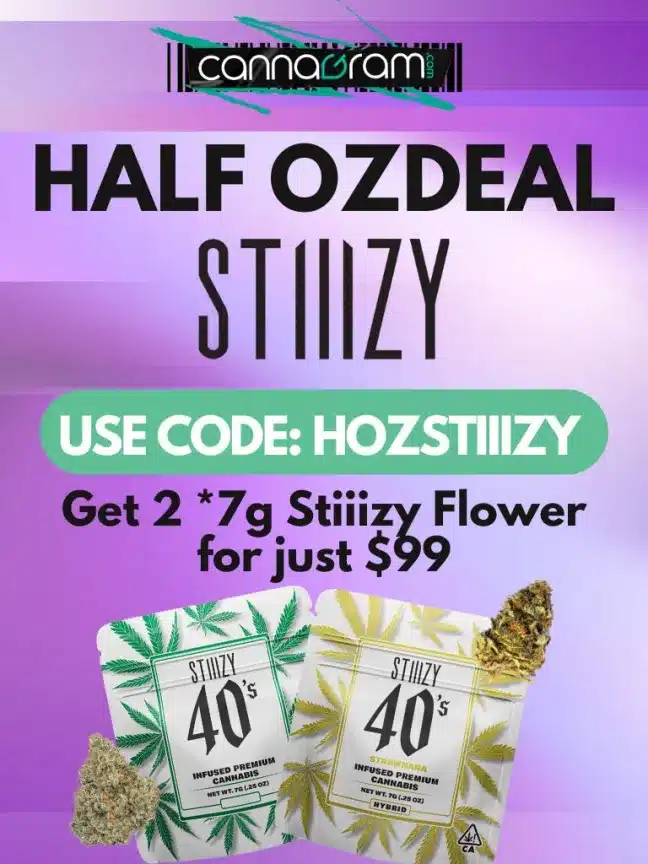 Purple-gradient graphic with the CannaGram logo at top, bold black text ‘HALF OZ DEAL STIIIZY,’ a green pill-shaped banner reading ‘USE CODE: HOZSTIIIZY,’ and at the bottom two Stiiizy 40’s branded cannabis flower pouches and loose buds.