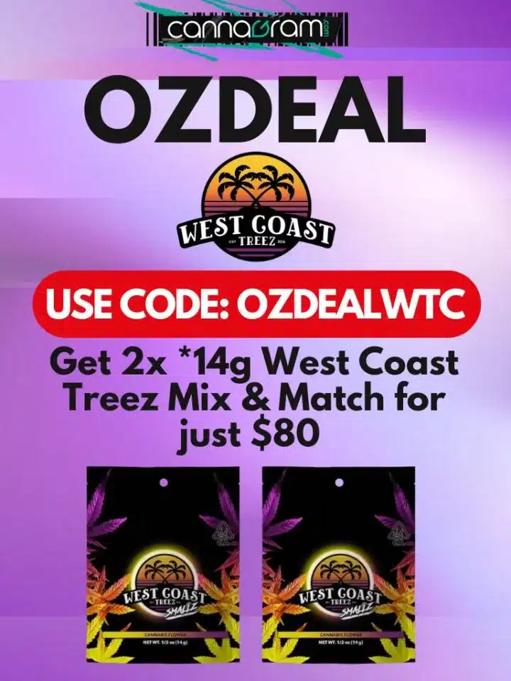 Cannagram Half Oz Deal Dime Bag promo: four 1/8 oz Dime Bag pouches on a purple gradient background, text ‘HALF OZ DEAL DIME BAG – USE CODE: HOZDEALDB – Get 4× Dime Bag 1/8’s Mix & Match for just $50.