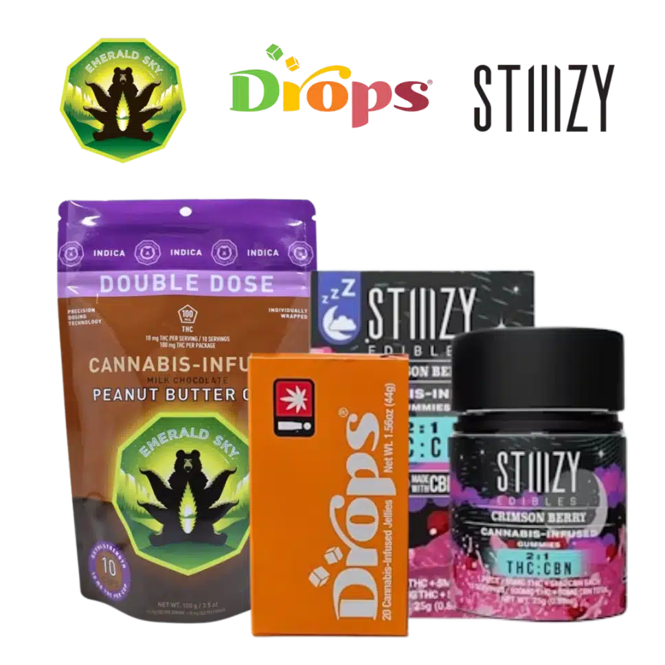Emerald Sky Peanut Butter Cups, STIIIZY Crimson Berry Gummies, Drops Mango GMO x Legend OG Jellies