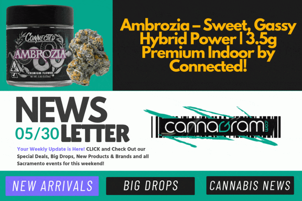 Animated Cannagram newsletter for May 30 featuring Ambrozia by Connected and links to New Arrivals, Big Drops, and Cannabis News.