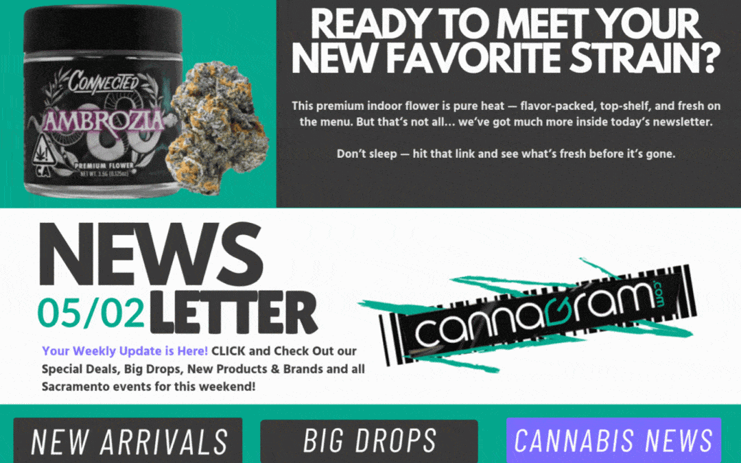 Bold graphic of a Connected Ambrozia cannabis jar alongside a loose bud on a teal background. To the right, large white text reads ‘READY TO MEET YOUR NEW FAVORITE STRAIN?’ above a bright yellow ‘CLICK HERE’ button. Below, the header ‘NEWSLETTER 05/02’ appears next to the CannaGram logo, with navigation tabs labeled ‘New Arrivals,’ ‘Big Drops,’ and ‘Cannabis News.