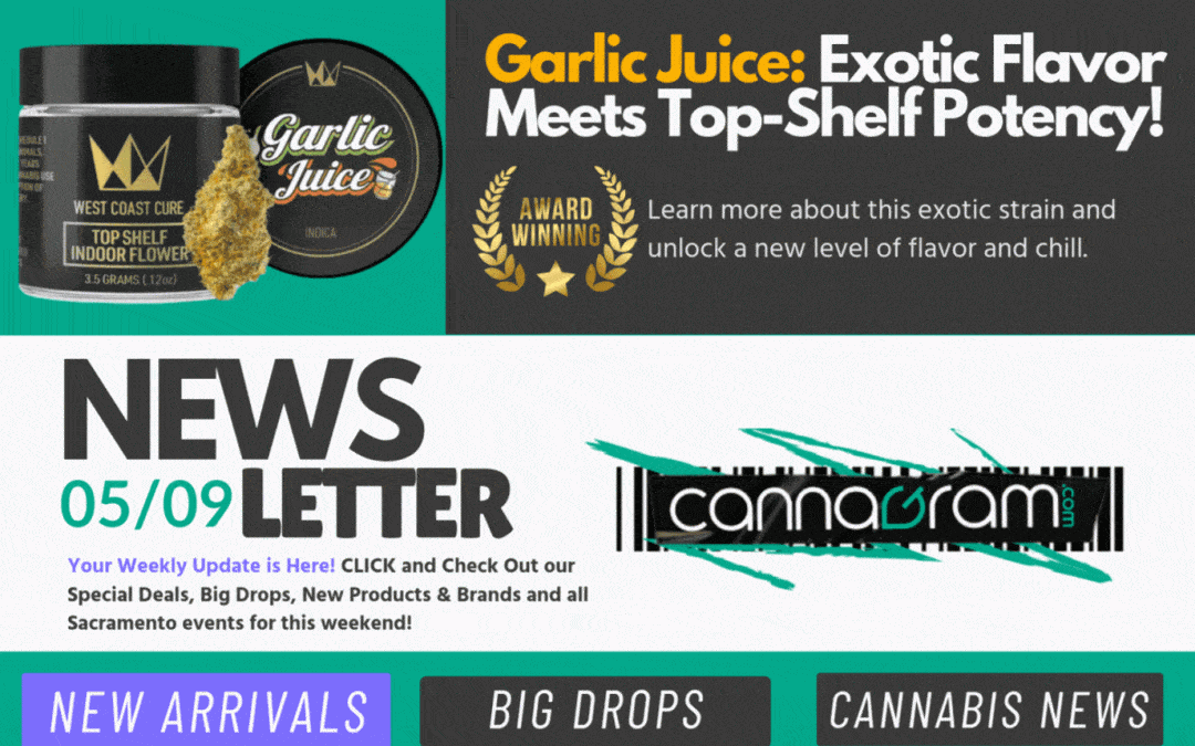 Cannagram newsletter header showing West Coast Cure’s Garlic Juice jar and bud with “Garlic Juice: Exotic Flavor Meets Top-Shelf Potency!” award-winning seal, the title “NEWSLETTER 05/09” and navigation tabs “New Arrivals,” “Big Drops,” and “Cannabis News.”