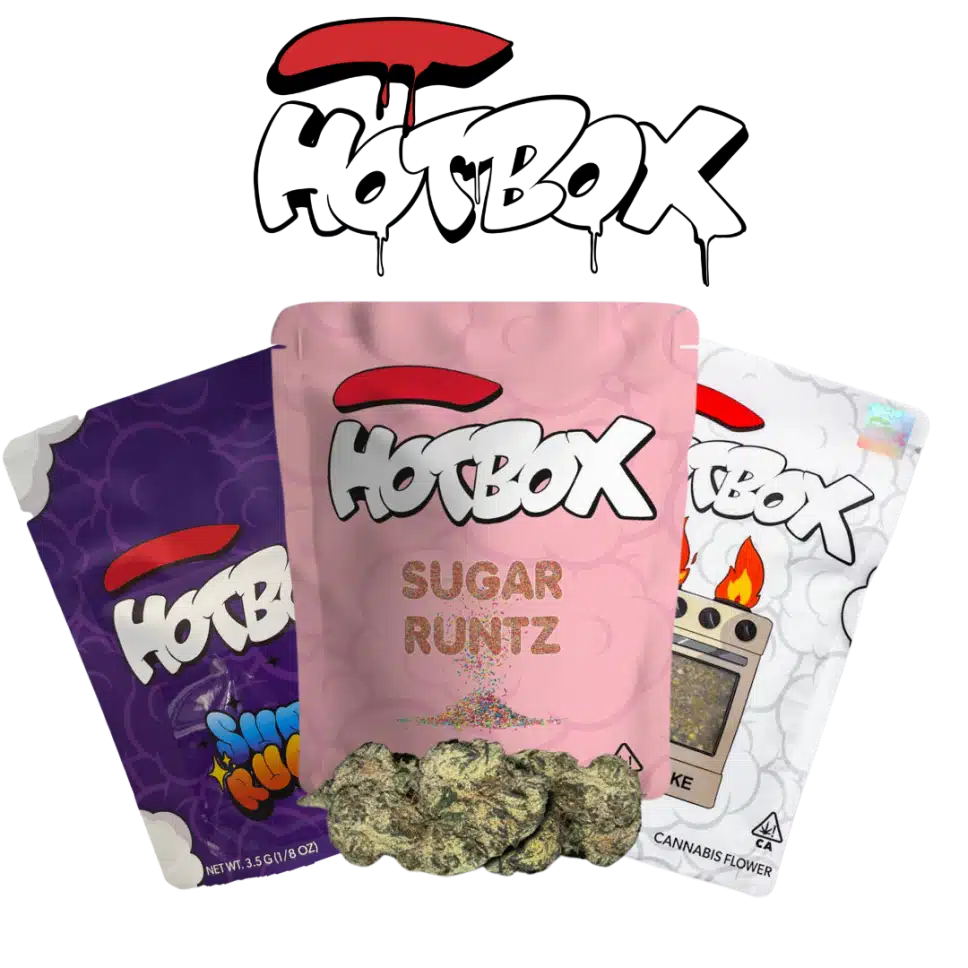Three HOTBOX indoor flower pouches: white Bake Shake pouch in center, purple Super Runtz on left, pink Sugar Runtz on right