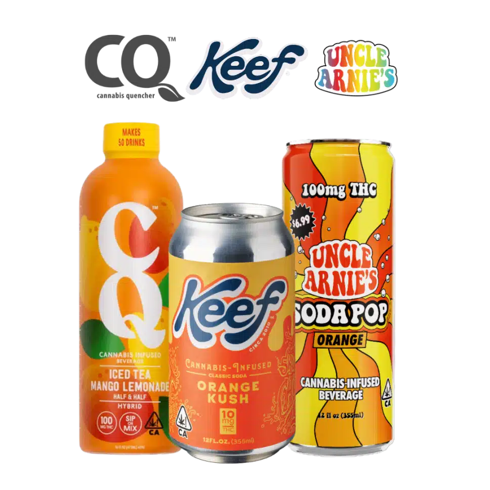 Keef Orange Kush soda can, Uncle Arnie’s Orange Soda can, and CQ Drinks Mango Lemonade Iced Tea bottle side by side