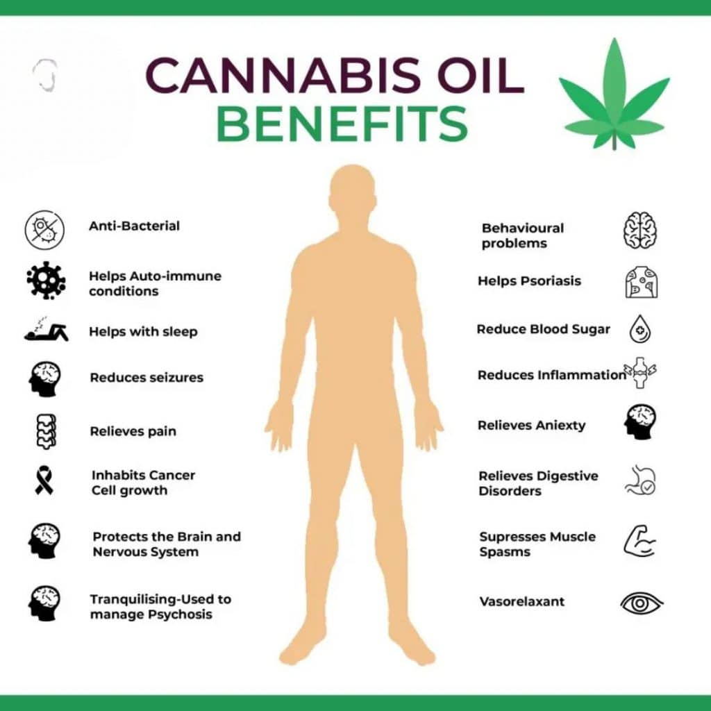 Infographic showing various health benefits of cannabis oil with a human silhouette and medical icons.
