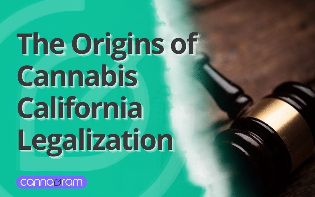Text overlay reading “The Origins of Cannabis California Legalization” with a gavel on a wooden surface and a green digital background with the Cannagram logo.