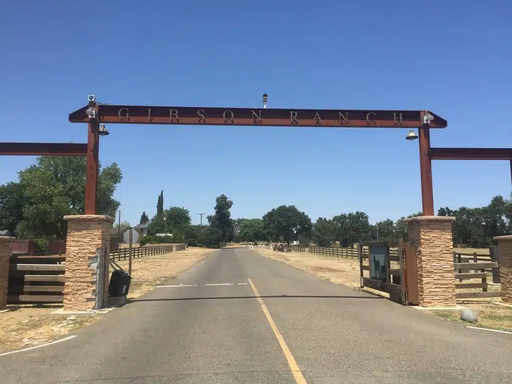 Entrance to Gibson Ranch Regional Park in Elverta, CA — popular outdoor destination with trails, horses, and picnic areas.