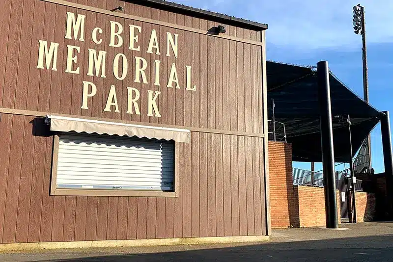 McBean Memorial Park entrance with shaded sports facility in Lincoln, CA