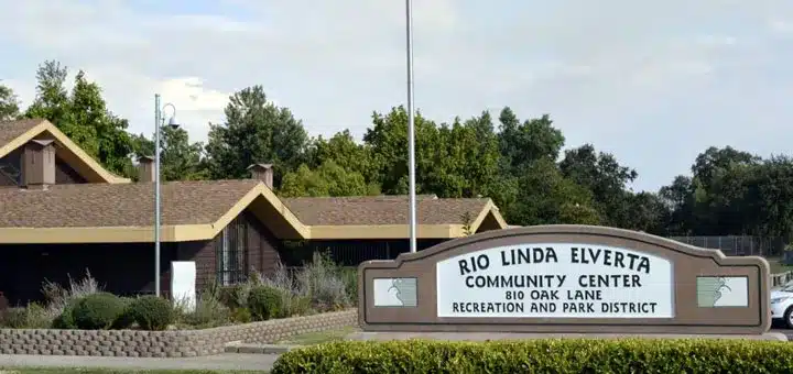 Front view of Rio Linda Elverta Community Center building and entrance sign