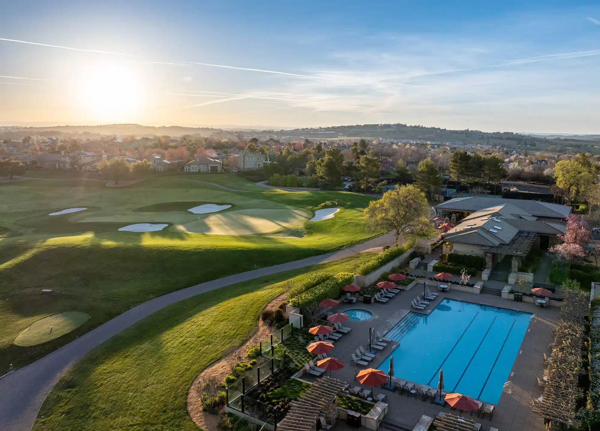 Aerial view of Serrano Country Club in El Dorado Hills, CA – golf course and luxury community destination.