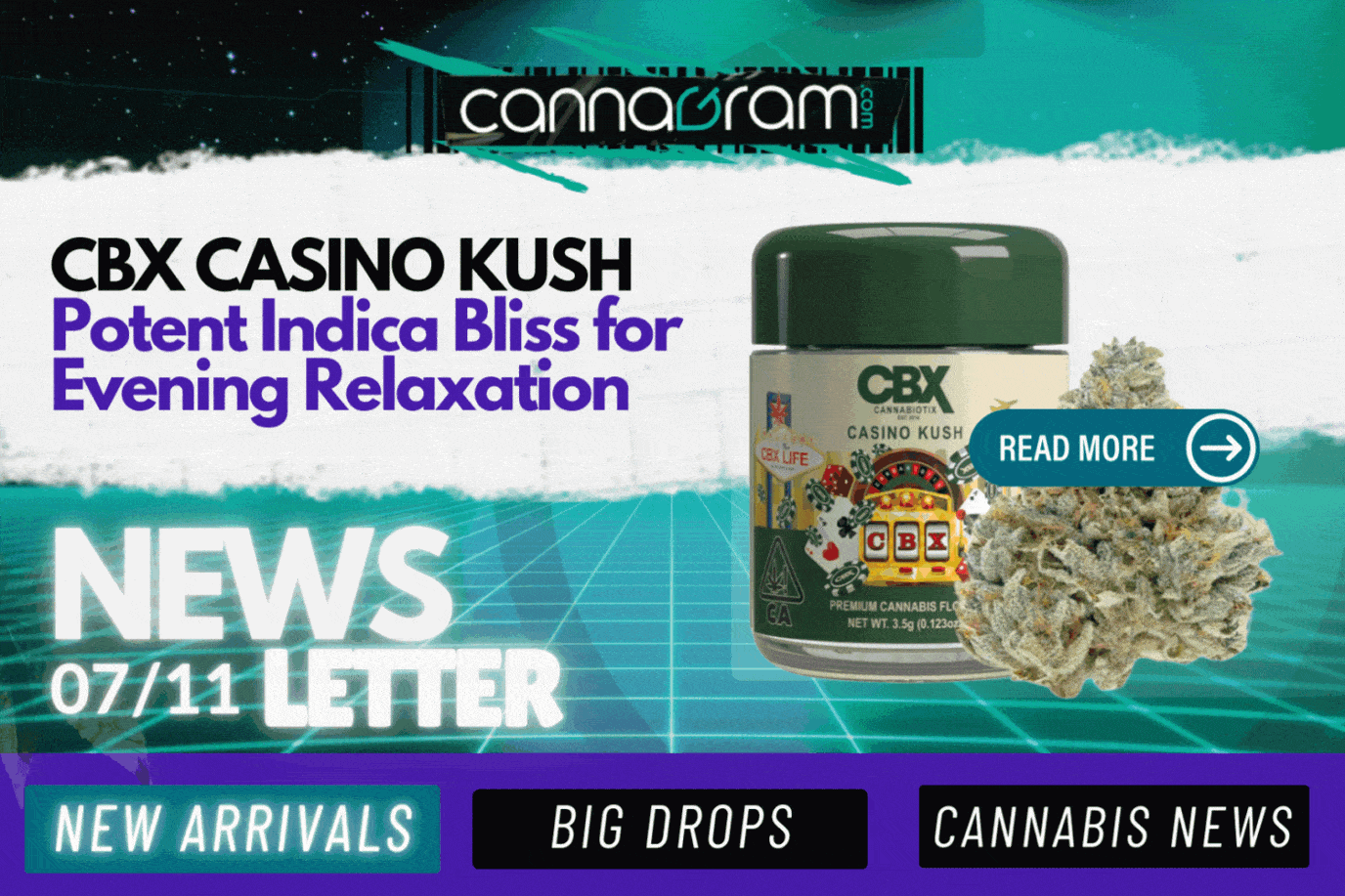 A checklist and magnifying glass with premium cannabis flower, illustrating four things to consider before buying high-quality cannabis, with Cannagram logo.