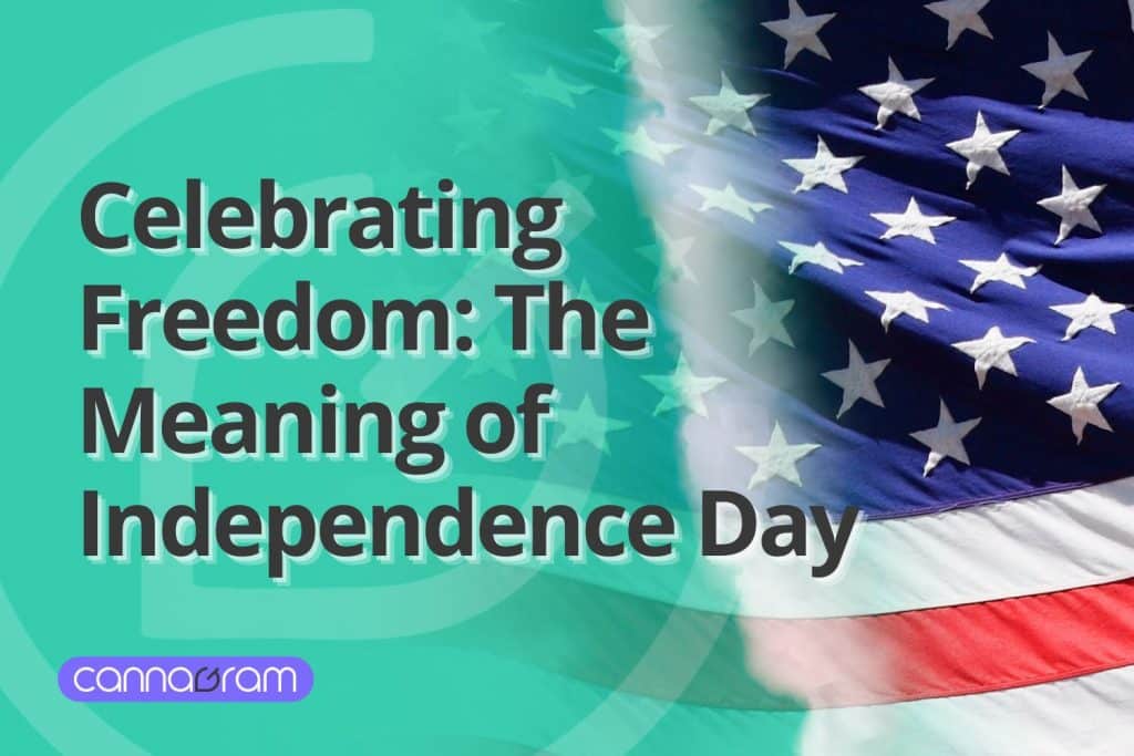 Split image with the American flag waving on the right and bold text on the left reading “Celebrating Freedom: The Meaning of Independence Day,” over a green background with the Cannagram logo.