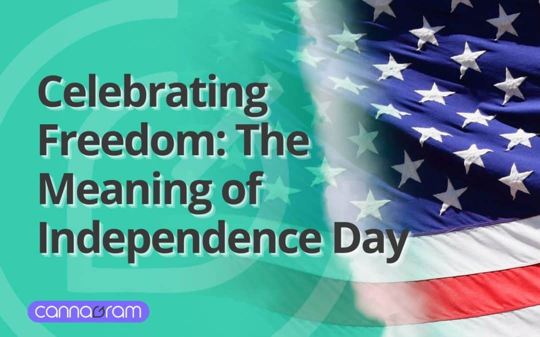 Split image with the American flag waving on the right and bold text on the left reading “Celebrating Freedom: The Meaning of Independence Day,” over a green background with the Cannagram logo.