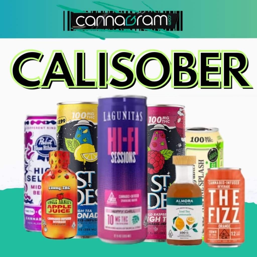THC drinks promotional banner with cannabis leaf background and beverage cans including Lagunitas, St Ides, Uncle Arnie’s, and Almora – Sacramento delivery service