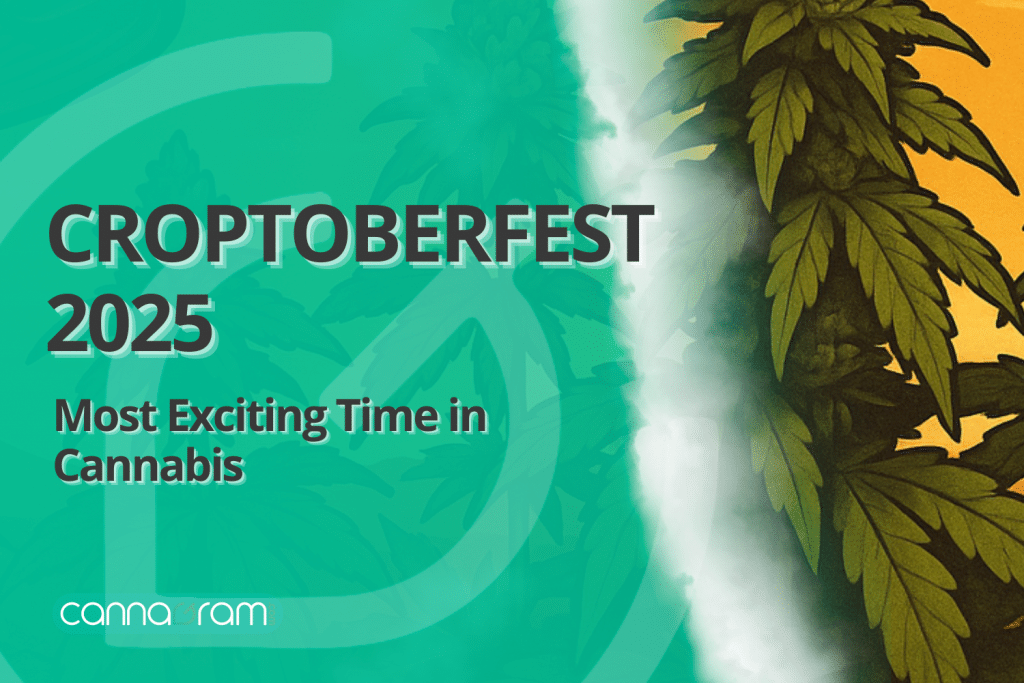 YouTube banner with the title "CROPTOBERFEST 2025 – Most Exciting Time in Cannabis" over a green background featuring cannabis leaves on the left and a fall harvest illustration with cannabis plants on the right, branded with Cannagram logo.