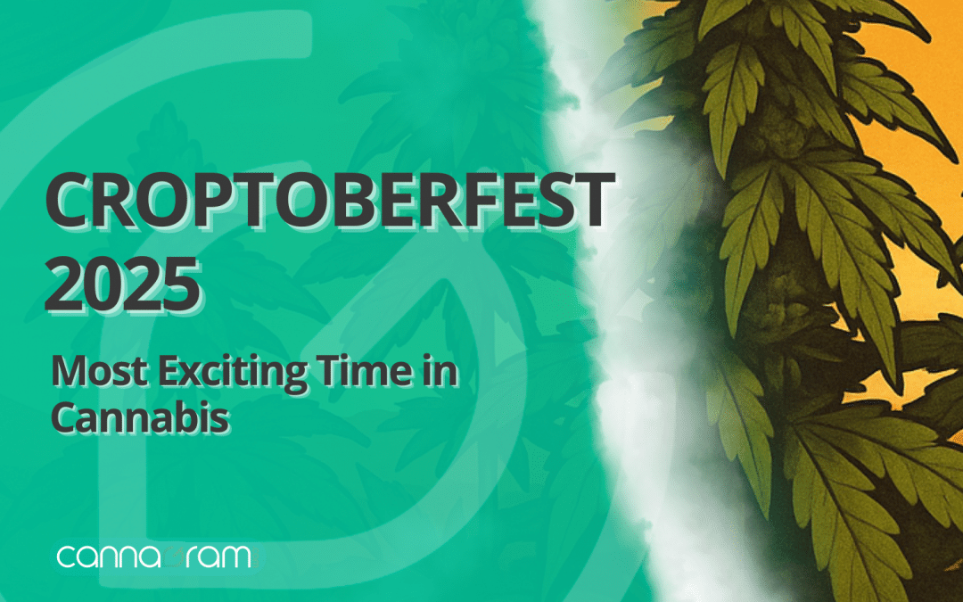 YouTube banner with the title "CROPTOBERFEST 2025 – Most Exciting Time in Cannabis" over a green background featuring cannabis leaves on the left and a fall harvest illustration with cannabis plants on the right, branded with Cannagram logo.