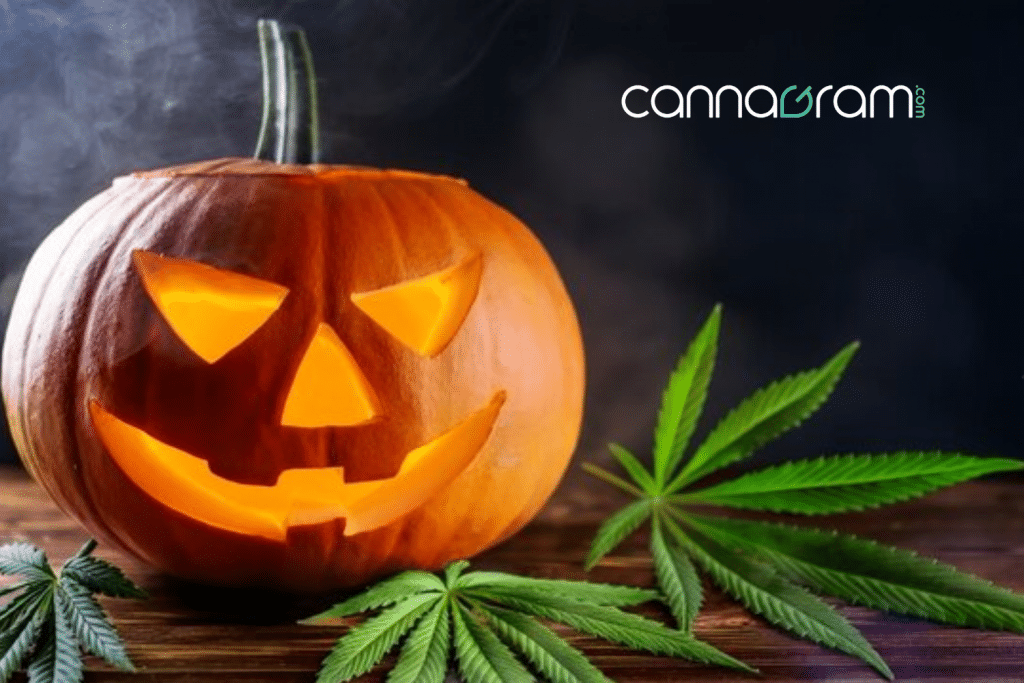 Jack-o’-lantern glowing beside cannabis leaves on a wooden table – Halloween cannabis theme by Cannagram.