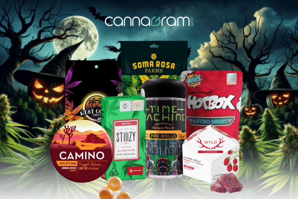 Halloween cannabis product lineup featuring brands like Stiiizy, Wyld, Hotbox, Camino, Soma Rosa, and West Coast Treez – Cannagram Sacramento.