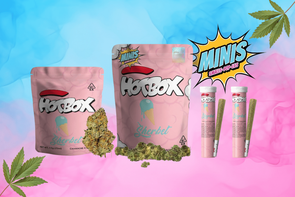 Ice Cream Sherbet Hotbox Indoor Flower and pre-rolls displayed with cannabis buds.