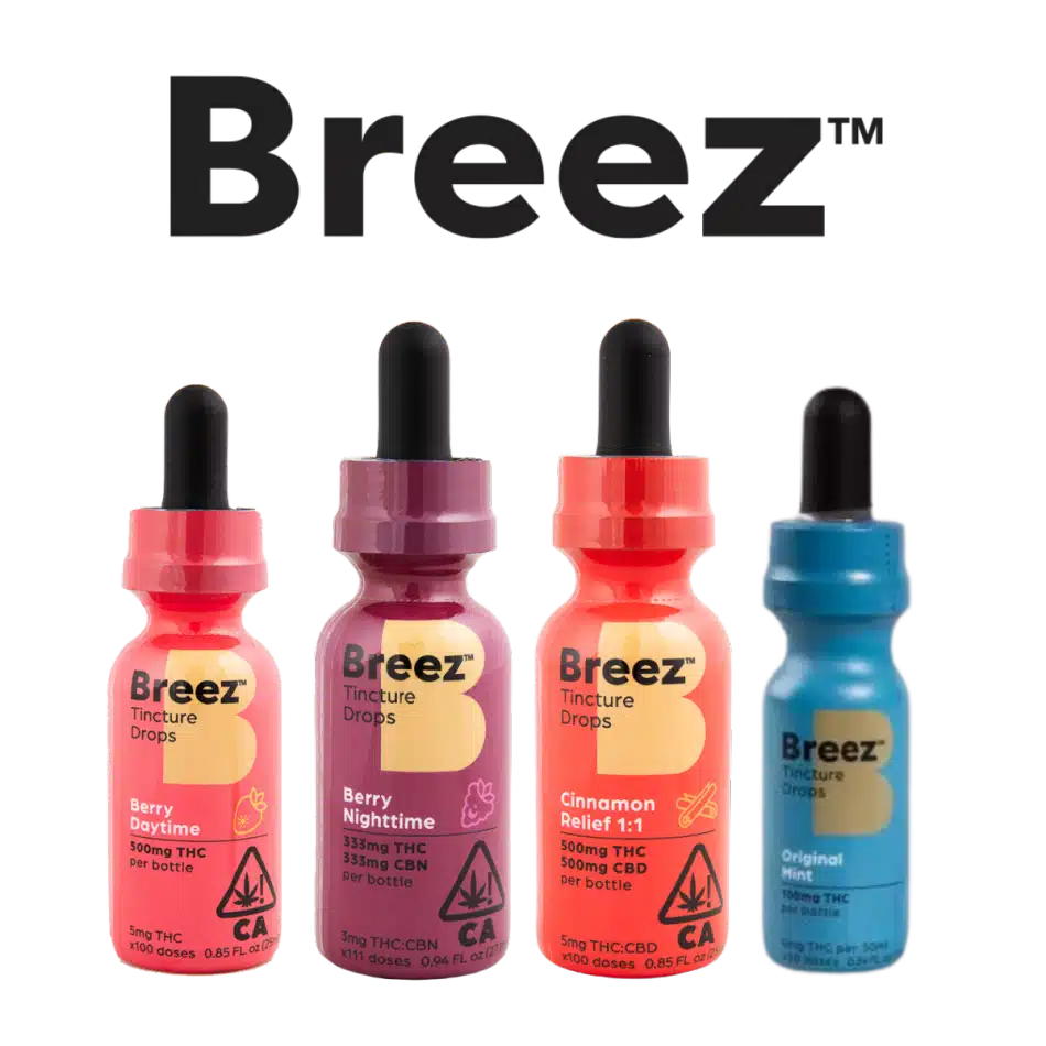 Breez tincture drops and mint tins lineup