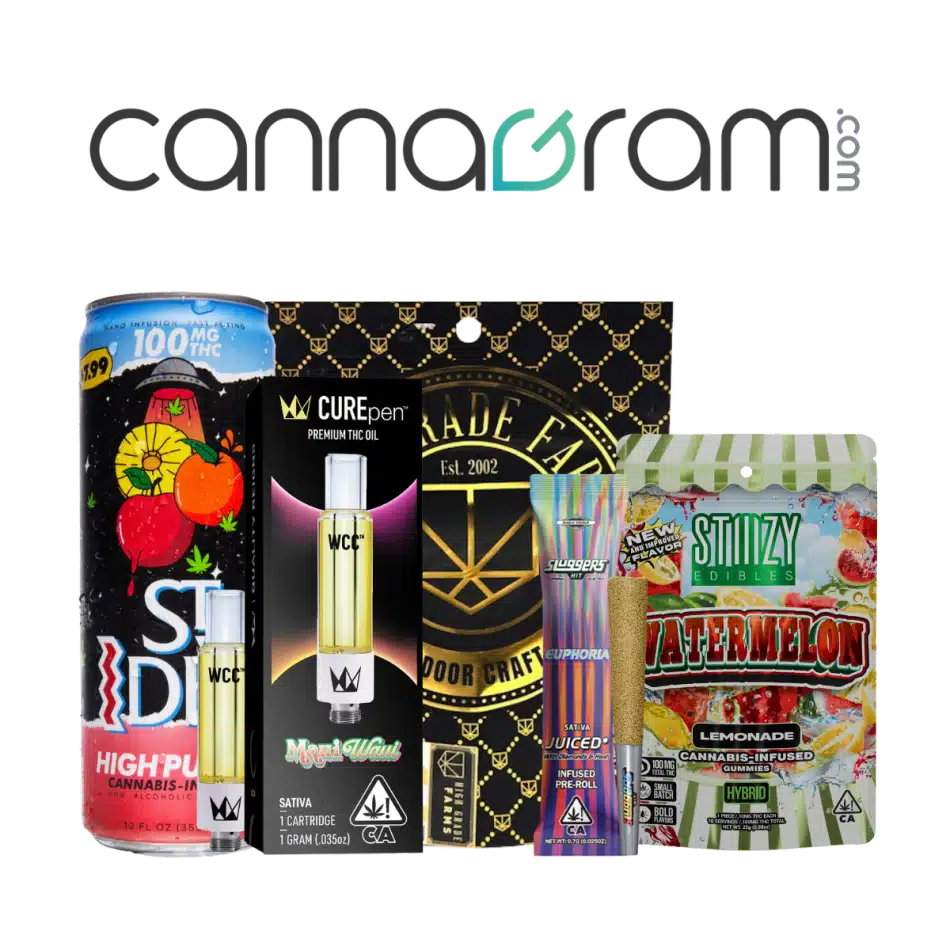 Cannagram Staff Picks collage — beverages, vape, flower, pre-rolls, and edibles