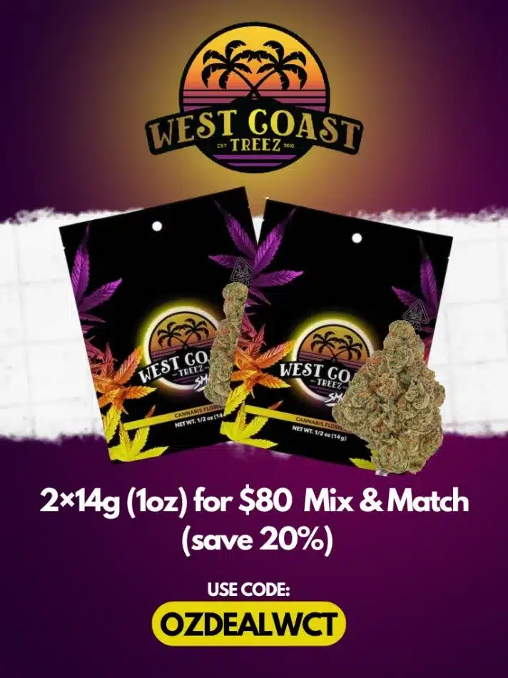 West Coast Treez deal — 2×14g (1oz) for $80, mix & match, save 20% with code OZDEALWCT — Sacramento weed delivery, cannabis Sacramento