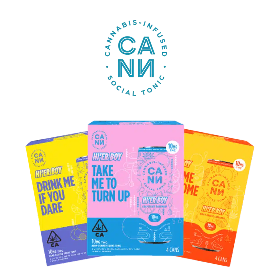 Cann Hi’er Boy 10mg social tonic multipacks in bright yellow, pink, and orange boxes