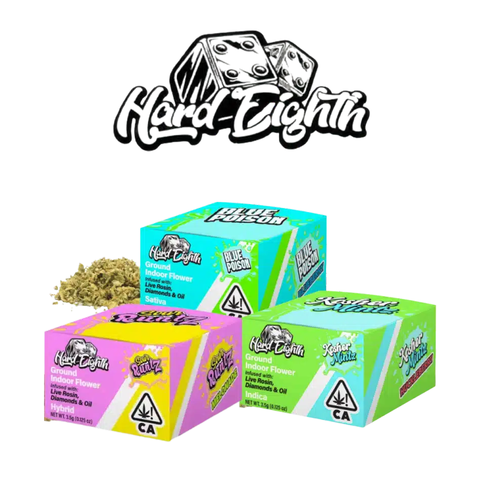 Hard Eighth infused ground indoor flower in Blue Poison, Kosher Mintz, and Sour Runtz