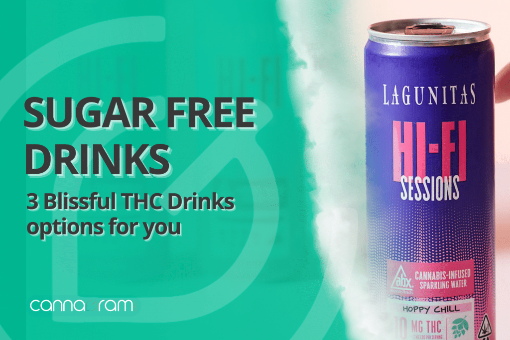 CannaGram banner featuring Lagunitas Hi-Fi Sessions sugar-free THC drink can with the text “Sugar Free Drinks – 3 Blissful THC Drinks Options for You.”