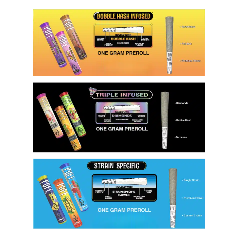 PUFF Bubble Hash, Triple Infused and Strain Specific pre-rolls