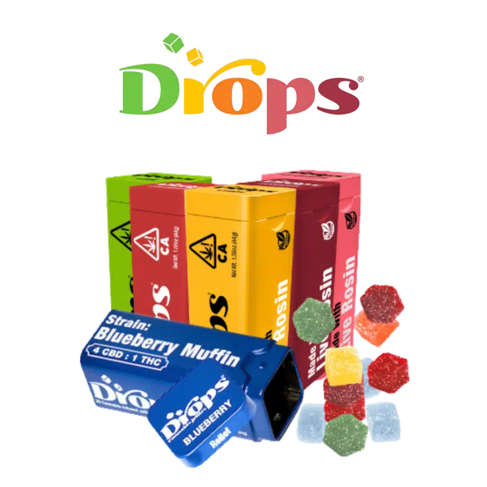 Drops solventless rosin gummies in assorted colorful boxes and flavors