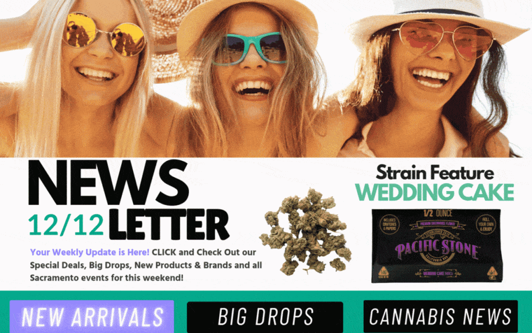 Cannagram Newsletter 12/12 header with “Newsletter 12/12” text, Wedding Cake strain feature, Pacific Stone 14g packshot, and buttons for New Arrivals, Big Drops, and Cannabis News.