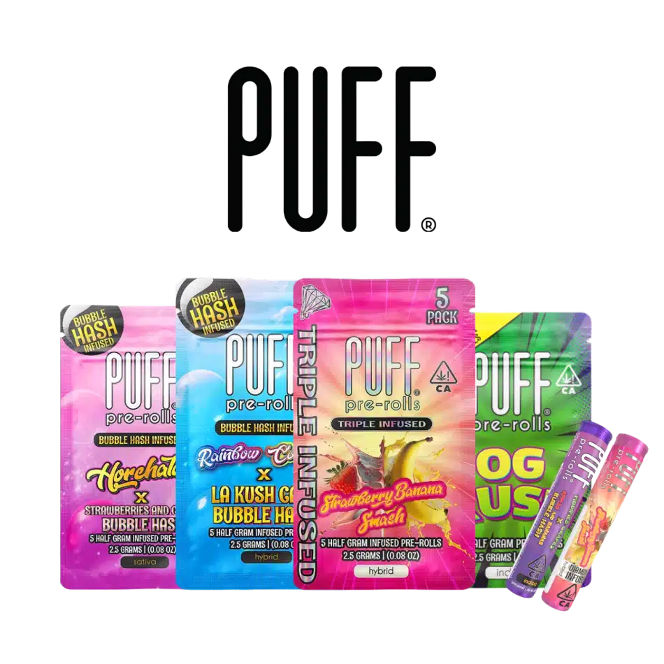 PUFF pre-roll packs in neon pink, blue, and green with two matching tubes