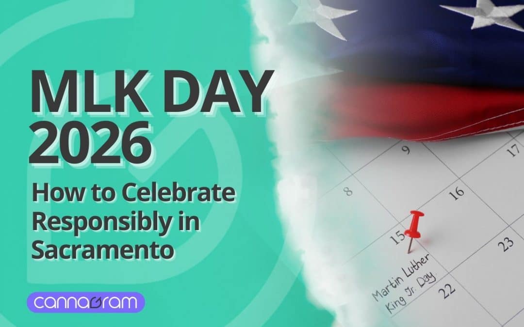 MLK Day 2026 graphic with text “How to Celebrate Responsibly in Sacramento,” featuring an American flag, calendar marked for Martin Luther King Jr. Day, and Cannagram logo.
