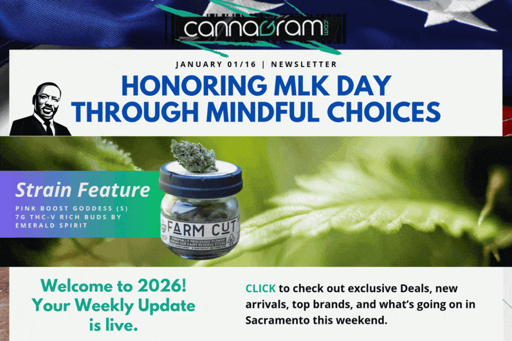 Cannagram Newsletter 01/16: ‘Honoring MLK Day Through Mindful Choices’ featuring Pink Boost Goddess (7g THC-V) by Emerald Spirit.